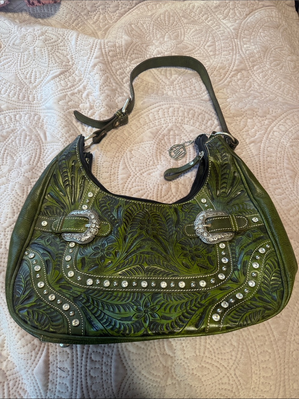 American West Olive Green Tooled Floral Shoulder Bag with Studs